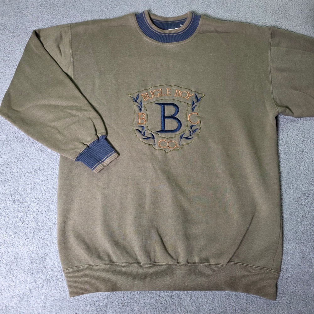 Bugle Boy Mens M Sweatshirt Olive Green Vintage 90s Embroidered Crest Crewneck